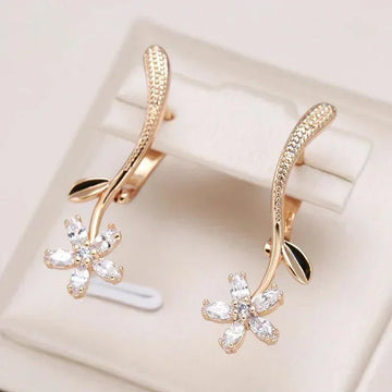 Elegant Fashion Rolled 14K Rose Gold AAA Cubic Zirconia Flower Crystals Long Drop Earrings - Fine Jewellery